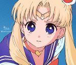  1girl bangs bishoujo_senshi_sailor_moon blonde_hair blue_background blue_eyes blue_sailor_collar choker commentary_request crescent crescent_earrings earrings eyebrows_visible_through_hair hair_ornament heart highres jewelry long_hair parted_bangs parted_lips red_choker sailor_collar sailor_moon sailor_senshi_uniform shirt short_sleeves signature sofra solo tsukino_usagi twintails twitter_username upper_body white_shirt 