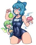  1girl 2girls bangs blue_bow blue_eyes blue_hair blue_swimsuit blush bow breasts cirno closed_eyes collarbone commentary_request covered_navel cropped_legs daiyousei eyebrows_visible_through_hair fairy_wings fang flat_chest green_hair grin hair_bow highres ice ice_wings mini_wings multiple_girls name_tag one-piece_swimsuit one_side_up school_swimsuit short_hair small_breasts smile solo space_jin sweat swimsuit touhou water water_balloon waterfall wings 