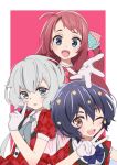  3girls :d ;d ahoge black_hair blue_eyes blue_neckwear bow bowtie eyebrows_visible_through_hair flower gloves grey_neckwear hair_between_eyes hair_bow hair_flower hair_ornament hair_ribbon highres index_finger_raised konno_junko long_hair minamoto_sakura mizuno_ai multiple_girls neckerchief onaniki one_eye_closed open_mouth outstretched_arm pink_neckwear polka_dot red_eyes redhead ribbon short_sleeves simple_background smile twintails upper_body white_gloves white_hair zombie_land_saga 