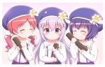  3girls ^_^ beret blue_eyes blue_hair blue_hat blue_skirt blush chimame-tai closed_eyes closed_eyes closed_mouth collarbone flower gochuumon_wa_usagi_desu_ka? goth_risuto grin hair_ornament hair_scrunchie hat hat_flower holding jouga_maya kafuu_chino long_hair long_sleeves low_twintails multiple_girls natsu_megumi redhead sailor_collar school_uniform scrunchie serafuku shirt skirt smile suspender_skirt suspenders tube twintails upper_body very_long_hair white_sailor_collar white_scrunchie white_shirt yellow_flower 