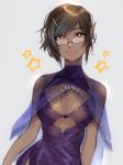  1girl bangs black_hair borrowed_character breasts brown_eyes cape cleavage cleavage_cutout commission dark_skin dress elezen elf final_fantasy final_fantasy_xiv glasses hair_ornament hairclip highres janelle_colbernoux large_breasts lips looking_at_viewer pointy_ears purple_dress see-through semi-rimless_eyewear short_hair smile solo swept_bangs under-rim_eyewear under_boob underboob_cutout unxi 