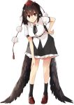  1girl black_hair black_legwear black_neckwear black_ribbon black_skirt black_wings breasts brown_footwear feathered_wings full_body hair_between_eyes hand_on_hip hat kamukamu_(ars) large_breasts leaning_forward loafers looking_at_viewer neck_ribbon petticoat pointy_ears pom_pom_(clothes) puffy_short_sleeves puffy_sleeves red_eyes ribbon shameimaru_aya shirt shoes short_sleeves simple_background skirt smile solo standing tassel tokin_hat touhou white_background white_shirt wing_collar wings 