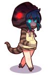  1girl :o aqua_hair bangs blush brown_hoodie chibi eyebrows_visible_through_hair full_body geta glowing glowing_eyes green_eyes grey_footwear hair_between_eyes hands_in_pockets hood hood_up hoodie kemono_friends long_hair looking_at_viewer naga_u neck_ribbon parted_lips pink_ribbon ribbon shadow sidelocks snake_tail solo standing striped_hoodie striped_tail tail tsuchinoko_(kemono_friends) white_background 