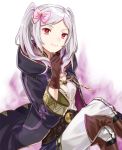  belt boots breasts brown_footwear brown_gloves cleavage cloak female_my_unit_(fire_emblem:_kakusei) fire fire_emblem fire_emblem:_kakusei fire_emblem_heroes gimurei gloves hair_ribbon hand_on_own_chin hood hooded_cloak leather leather_gloves legs_crossed long_hair menoko my_unit_(fire_emblem:_kakusei) nintendo pants purple_fire red_eyes ribbon robe shirt silver_hair small_breasts twintails 