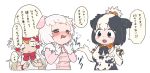  3girls animal_ears animal_print appleq bangs bare_shoulders bell black_eyes black_hair blonde_hair blush bow bowtie chibi chicken_(kemono_friends) commentary_request constricted_pupils cow_ears cow_print drooling elbow_gloves eyebrows_visible_through_hair flying_sweatdrops gloom_(expression) gloves hair_bow hands_up highres holstein_friesian_cattle_(kemono_friends) kemono_friends long_hair long_sleeves looking_at_another looking_up multicolored_hair multiple_girls nose_blush open_mouth pig_(kemono_friends) pig_ears redhead shirt short_hair short_over_long_sleeves short_sleeves simple_background smile sweater_vest translation_request trembling two-tone_hair upper_body white_background white_hair yellow_eyes 