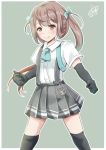  1girl arm_warmers asagumo_(kantai_collection) ascot black_legwear blue_neckwear blue_ribbon brown_eyes brown_hair closed_mouth dated eyebrows_visible_through_hair grey_skirt hair_ribbon hair_rings kamikitayotsuba kantai_collection long_hair pleated_skirt ribbon shirt short_sleeves signature skirt smile solo suspenders thigh-highs twintails white_shirt 