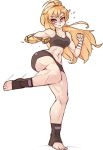  1girl abs black_shirt black_shorts blonde_hair commentary crop_top english_commentary eyebrows_visible_through_hair eyes_visible_through_hair full_body kicking long_hair looking_at_viewer muscle muscular_female ponytail prosthesis prosthetic_arm rtil rwby shirt shorts solo toes v-shaped_eyebrows violet_eyes wrist_wrap yang_xiao_long 