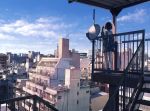  1girl apartment backpack bag blue_sky building city cityscape clouds fence filming headphones highres horizon original outdoors pleated_skirt railing rooftop satellite_dish scenery shoes skirt sky skyline sneakers solo stairs stairwell taking_picture winter_parasol 