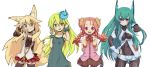  4girls animal_ears aqua_hair bangs bare_arms bare_shoulders blonde_hair blush bodysuit borrowed_character bracelet braid breasts brown_eyes commentary_request covered_navel curled_horns dress eyebrows_visible_through_hair fingerless_gloves flower fox_ears fox_tail gloves green_eyes green_hair hair_between_eyes hair_flower hair_ornament hand_in_hair hand_on_hip headgear horns impossible_bodysuit impossible_clothes jewelry kimidori_(ico) kokonoe_tsubaki long_hair looking_at_viewer medium_breasts menou_kaname micro_shorts miniskirt multiple_girls multiple_tails muu_(mumumer) navel open_mouth original pantyhose red_eyes shorts simple_background skin_tight skirt sleeveless small_breasts smile tail teeth thigh-highs twin_braids unzipped v violet_eyes white_background yellow_eyes zipper 