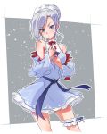  1girl bare_shoulders blue_eyes breasts dress frilled_dress frills hair_bun highres iesupa leg_garter neck_ribbon ribbon rwby silver_hair solo white_hair winter_schnee 