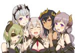  5girls between_breasts black_hair black_vest blue blush breasts cleavage closed_mouth commentary dark_skin demon_girl demon_horns detached_sleeves eyebrows_visible_through_hair eyepatch green_hair grin hand_to_own_mouth highres honey_strap horns jyaco large_breasts looking_at_viewer mole mole_under_eye mole_under_mouth multicolored multicolored_eyes multicolored_hair multiple_girls necktie necktie_between_breasts open_mouth orange_eyes pointy_ears purple_hair redhead saionji_mary sekishiro_mico shimamura_charlotte shoulders silver_hair smile sougetsu_eli suou_patra vest violet_eyes virtual_youtuber 
