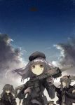  404_(girls_frontline) 4girls aircraft ammunition ammunition_belt ammunition_pouch armband assault_rifle bangs beret black_hat black_jacket blue_hair blunt_bangs boeing_c-17 brown_eyes brown_hair ch-47_chinook closed_eyes closed_mouth clouds cloudy_sky crossed_bangs facial_mark finger_on_trigger fingerless_gloves g11_(girls_frontline) girls_frontline gloves green_eyes green_hat green_jacket grey_hair gun h&amp;k_ump h&amp;k_ump45 hair_between_eyes hair_ornament hairclip hat heckler_&amp;_koch helicopter highres hk416 hk416_(girls_frontline) holding holding_gun holding_weapon hood hood_down hooded_jacket jacket knife looking_at_another looking_at_viewer magazine_(weapon) messy_hair military multiple_girls one_side_up open_clothes open_jacket personification pouch rifle scar scar_across_eye scarf_on_head sky smile star_(sky) starry_sky submachine_gun suginakara_(user_ehfp8355 teardrop ump45_(girls_frontline) ump9_(girls_frontline) weapon 