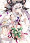  1girl bangs bare_shoulders blue_eyes blush bouquet breasts closed_mouth commentary_request detached_sleeves dress eyebrows_visible_through_hair fate/grand_order fate_(series) flower hair_between_eyes hat head_tilt holding holding_bouquet ice_(ice_aptx) leaning_forward leg_up long_hair looking_at_viewer marie_antoinette_(fate/grand_order) petals sidelocks simple_background sleeveless sleeveless_dress small_breasts smile solo standing standing_on_one_leg thigh-highs twintails very_long_hair white_background white_dress white_flower white_hair white_hat white_legwear 