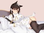  1girl absurdres animal_ears atago_(azur_lane) azur_lane bangs bed black_hair breasts double-breasted epaulettes garter_straps gloves hair_between_eyes highres jun.bit katana large_breasts lifted_by_self long_sleeves looking_at_viewer lying military military_uniform mole mole_under_eye on_side pantyhose pencil_skirt sheath sheathed skirt smile solo sword uniform weapon white_gloves wolf_ears yellow_eyes 