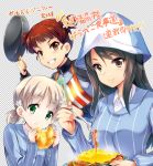  aki_(girls_und_panzer) apron ashimoto_yoika bangs blue_hat blue_jacket blue_shirt brown_eyes brown_hair checkered checkered_background closed_mouth commentary_request dress_shirt eating food fork girls_und_panzer girls_und_panzer_saishuushou green_eyes grin hair_tie hat head_tilt highres holding holding_food holding_fork holding_pan holding_plate jacket keizoku_military_uniform keizoku_school_uniform leaning_forward light_brown_hair long_hair long_sleeves looking_at_viewer mika_(girls_und_panzer) mikko_(girls_und_panzer) military military_uniform omelet partial_commentary pasta plate raglan_sleeves red_eyes redhead school_uniform shirt short_hair short_twintails skillet smile striped striped_shirt track_jacket translation_request twintails uniform v-shaped_eyebrows vertical-striped_shirt vertical_stripes white_shirt wing_collar zipper 
