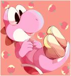  :p artist_name berries big_eyes boots commentary dinosaur feet_up hands_on_own_chest super_mario_bros. nintendo no_humans orange_background pink_skin purpleninfy saddle tail tongue tongue_out yoshi 