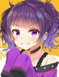  1girl amidada bangs black_choker blush choker collarbone eyebrows_visible_through_hair grin hands_up highres idolmaster idolmaster_shiny_colors long_sleeves looking_at_viewer off_shoulder purple_hair purple_shirt shirt sidelocks sleeves_past_fingers sleeves_past_wrists smile solo tanaka_mamimi twintails upper_body v-shaped_eyebrows violet_eyes 