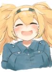  1girl blonde_hair blue_shirt breast_pocket breasts buttons closed_eyes collared_shirt crying gambier_bay_(kantai_collection) hair_between_eyes hairband happy highres kantai_collection large_breasts open_mouth pocket shirt simoyuki smile tearing_up twintails upper_body white_background 