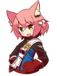  1girl 7th_dragon 7th_dragon_(series) :d animal_ear_fluff animal_ears bangs belt belt_buckle blue_jacket blush buckle cat_ears cropped_torso eyebrows_visible_through_hair fang gloves green_eyes hair_between_eyes hair_bobbles hair_ornament harukara_(7th_dragon) head_tilt jacket long_sleeves looking_at_viewer naga_u one_side_up open_mouth pink_hair red_gloves simple_background smile solo white_background white_belt 