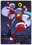  2girls :d aqua_hair arm_up armpits bare_shoulders bell border breasts christmas christmas_tree city commentary_request dark_skin elbow_gloves full_body full_moon gloves hat highres ishikawa_hideki knees_together_feet_apart leg_up long_hair merry_christmas moon multiple_girls open_mouth red_eyes red_gloves red_legwear rockman rockman_dash sack santa_costume santa_hat sera_(rockman_dash) short_hair small_breasts smile snow thigh-highs twintails white_border yuna_(rockman_dash) zettai_ryouiki 