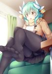 1girl ass bangs blush chair coat commentary curtains dragon_horns duffel_coat eyebrows_visible_through_hair fate/grand_order fate_(series) feet from_below green_hair hair_between_eyes hair_ornament highres horns indoors kiyohime_(fate/grand_order) long_hair looking_down open_clothes open_coat open_mouth panties panties_under_pantyhose pantyhose ribbed_sweater scarf sidelocks soles sweater underwear yellow_eyes yuki_kawachi 