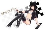  1girl animal_ears artist_logo artist_name belt black_footwear black_hair black_jacket black_shorts blake_belladonna boots breasts cat_ears commentary cowfee crop_top cropped_jacket english_commentary eyebrows_visible_through_hair full_body head_tilt highres jacket legs_crossed long_hair medium_breasts micro_shorts midriff navel rwby shorts simple_background sitting smile solo thigh-highs thigh_boots white_belt yellow_eyes zipper_footwear 