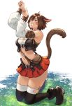  1girl animal_ears bag bangs bare_shoulders black_legwear blue_eyes boots breasts brown_hair cat_ears cat_tail cleavage dark_skin detached_sleeves facial_mark final_fantasy final_fantasy_xiv full_body highres kneeling lips makimura_shunsuke medium_breasts midriff miqo&#039;te navel parted_lips paw_pose pleated_skirt red_skirt shiny shiny_hair short_hair simple_background skirt slit_pupils smile solo strapless tail teeth thigh-highs thighs tubetop whisker_markings zettai_ryouiki 