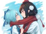  2girls black_hair blue_background blue_bow blue_eyes blue_hair blush bow cirno closed_mouth eye_contact from_side hair_bow hat height_difference ice ice_wings looking_at_another multiple_girls pointy_ears pom_pom_(clothes) profile red_eyes red_hat red_scarf roke_(taikodon) scarf scarf_grab shameimaru_aya shared_scarf shirt short_hair short_sleeves smile tassel tokin_hat touhou upper_body white_shirt wings yuri 