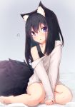  1girl ? animal_ear_fluff animal_ears bangs bare_legs bare_shoulders bed_sheet black_hair black_tank_top blush chestnut_mouth collarbone commentary_request eyebrows_visible_through_hair fox_ears fox_girl fox_tail full_body hair_between_eyes head_tilt highres long_hair long_sleeves looking_at_viewer mayogii off-shoulder_sweater on_bed original sitting sleeves_past_wrists solo sweater tail violet_eyes white_sweater yokozuwari 