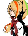  blonde_hair eyebrows_visible_through_hair eyes_visible_through_hair grin hair_over_one_eye jacket letterman_jacket long_hair looking_at_viewer meka_(77111994) multicolored_hair necktie nikaidou_saki orange_eyes ponytail smile streaked_hair zombie_land_saga 