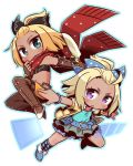  2girls 7th_dragon_(series) 7th_dragon_iii :o argyle argyle_legwear bangs_pinned_back belt belt_buckle black_bandeau black_bow blonde_hair blue_belt blue_bow blue_footwear blue_shirt blush boots bow brown_footwear brown_gloves brown_legwear buckle car character_request chibi closed_mouth collarbone commentary_request dark_skin duelist_(7th_dragon) elbow_gloves fingerless_gloves forehead fringe_trim gloves green_eyes green_skirt ground_vehicle hair_bow hand_up hatch_(7th_dragon) jacket kneehighs leather leather_gloves long_hair looking_at_viewer motor_vehicle multiple_girls naga_u navel open_clothes open_jacket orange_shorts outstretched_arm parted_lips red_scarf scarf shirt short_shorts short_sleeves shorts sidelocks simple_background skirt thigh-highs thigh_boots transparent v-shaped_eyebrows violet_eyes white_background yellow_jacket 