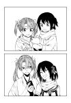  2girls cellphone closed_eyes coat gloves hair_ornament hair_tie highres japanese_clothes kantai_collection kofunami_nana monochrome multiple_girls phone scarf sendai_(kantai_collection) twintails winter_clothes winter_coat zuikaku_(kantai_collection) 