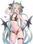  1girl :d \n/ absurdres arm_strap arm_up bangs bare_arms bare_shoulders bikini black_bikini black_gloves breasts choker collarbone commentary_request contrapposto cowboy_shot deluxe&lt;&lt;&lt; demon_girl demon_horns demon_wings eyebrows_visible_through_hair eyes_visible_through_hair fang fingerless_gloves gloves green_hair hand_on_hip heart heart_choker heart_ring heart_ring_bottom heart_ring_top highres horns long_hair looking_at_viewer low_wings navel open_mouth original pointy_ears ryisu_(deluxe&lt;&lt;&lt;) simple_background slit_pupils small_breasts smile solo standing stomach swimsuit thigh_strap twintails v-shaped_eyebrows very_long_hair violet_eyes white_background wings 