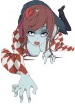  1girl black_footwear black_legwear blue_skin boots breasts brown_hair checkered checkered_kimono cleavage crawling hair_ornament japanese_clothes kimono long_hair open_mouth pettan red_eyes yuugiri_(zombie_land_saga) zombie zombie_land_saga 