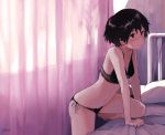  1girl air_kon bare_arms bare_shoulders bed black_bra black_eyes black_hair black_panties bra breasts closed_mouth commentary curtains dated english_commentary freckles from_side highres indoors original panties pillow pink red_string short_hair side-tie_panties small_breasts solo string underwear underwear_only 