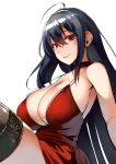  1girl ahoge azur_lane bangs bare_shoulders black_hair black_legwear blush breasts choker cleavage cocktail_dress collarbone commentary_request dress hair_between_eyes hair_ornament highres huge_breasts lolicept long_hair looking_at_viewer red_choker red_dress red_eyes simple_background smile solo taihou_(azur_lane) thigh-highs thighs very_long_hair white_background 