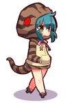  1girl :o aqua_hair bangs blush brown_hoodie chibi commentary_request eyebrows_visible_through_hair full_body geta green_eyes grey_footwear hair_between_eyes hands_in_pockets hood hood_up hoodie kemono_friends long_hair looking_at_viewer naga_u neck_ribbon parted_lips pink_ribbon ribbon shadow sidelocks snake_tail solo standing striped_hoodie striped_tail tail tsuchinoko_(kemono_friends) white_background 