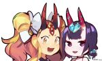  2girls :d alternate_hairstyle bangs blonde_hair blunt_bangs chibi commentary eyebrows_visible_through_hair facial_mark fate/grand_order fate_(series) forehead_mark headpiece heart highres horns ibaraki_douji_(fate/grand_order) idk-kun looking_at_viewer multiple_girls no_nose open_mouth precure purple_hair romaji_commentary short_eyebrows shuten_douji_(fate/grand_order) shuten_douji_(halloween)_(fate) smile transparent_background twintails twitter_username violet_eyes yellow_eyes 