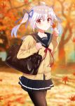  1girl ahoge autumn_leaves bag bangs black_sailor_collar black_skirt blue_ribbon blurry blurry_background blush brown_legwear cardigan closed_mouth collarbone commentary_request day depth_of_field eyebrows_visible_through_hair falling_leaves hair_between_eyes hair_ribbon hands_up holding holding_leaf leaf long_hair long_sleeves maple_leaf minatoasu neck_ribbon original outdoors pantyhose pleated_skirt red_eyes red_ribbon ribbon sailor_collar school_bag school_uniform serafuku sidelocks silver_hair skirt sleeves_past_wrists smile solo standing tree twintails yellow_cardigan 