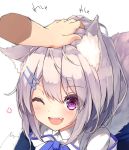  1girl animal_ear_fluff animal_ears blush collared_shirt commentary_request eyebrows_visible_through_hair fang fox_ears fox_girl fox_tail hair_ornament hairclip highres mayogii medium_hair one_eye_closed open_mouth original outstretched_hand petting purple_hair shirt simple_background smile solo_focus tail translated upper_body violet_eyes white_background white_shirt wing_collar 