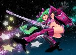  1girl ai-kun alternate_costume armpits ass black_gloves breasts cero_(cerocero) cosplay crop_top gloves green_hair macross macross_frontier open_mouth pink_eyes ranka_lee short_hair small_breasts smile space vf-27 vf-27_(cosplay) 