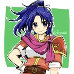  1girl blue_eyes blue_hair female_my_unit_(fire_emblem:_shin_monshou_no_nazo) fire_emblem fire_emblem:_shin_monshou_no_nazo fire_emblem_heroes gloves green_background hair_ribbon hand_on_hip intelligent_systems kris_(fire_emblem) kris_(fire_emblem)_(female) long_hair looking_at_viewer my_unit_(fire_emblem:_shin_monshou_no_nazo) nintendo ponytail ribbon short_sleeves shoulder_armor simple_background smile solo twitter_username upper_body white_gloves yukia_(firstaid0) 