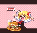  &gt;_&lt; :d alcohol ascot beer black_skirt black_vest blonde_hair blush_stickers checkered checkered_background commentary cup drinking_glass fang food fork hair_ribbon hamburger heart knife kumamoto_(bbtonhk2) letterboxed long_sleeves lowres open_mouth outstretched_arms pixel_art plate red_neckwear red_ribbon ribbon rumia shirt short_hair skirt skirt_set smile spoken_heart touhou vest white_shirt xd 
