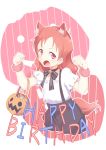  1girl :o animal_ear_fluff animal_ears bell candy clenched_hands cropped_legs extra_ears fang food gochuumon_wa_usagi_desu_ka? halloween_basket hands_up happy_birthday hetareeji highres jingle_bell kemonomimi_mode long_hair looking_at_viewer natsu_megumi neck_ribbon outline puffy_short_sleeves puffy_sleeves red_eyes redhead ribbon shirt short_sleeves solo suspenders tail v-shaped_eyebrows white_outline white_shirt wristband 
