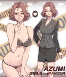  1girl absurdres azumi_(girls_und_panzer) bare_shoulders bra breasts brown_hair character_name cleavage copyright_name enty_reward finger_to_mouth girls_und_panzer highres index_finger_raised large_breasts long_sleeves looking_at_viewer military military_uniform oda_non paid_reward panties selection_university_military_uniform short_hair shushing smile underwear uniform 