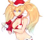  1girl alternate_costume blonde_hair blue_eyes breasts choker christmas cleavage commentary_request folte fur_trim gambier_bay_(kantai_collection) gloves hairband hat kantai_collection large_breasts navel red_bikini_top red_gloves sack santa_costume santa_hat smile solo twintails upper_body white_background 