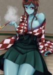  absurdres blue_skin breasts brown_hair cleavage collarbone hair_ornament highres japanese_clothes kimono large_breasts long_hair looking_at_viewer miniskirt off_shoulder pipe pleated_skirt red_eyes shi_shi_ji sitting skirt yuugiri_(zombie_land_saga) zombie zombie_land_saga 