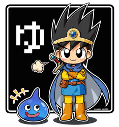  1boy amazake_(manuke_no_oukoku) anime_coloring belt belt_buckle belt_pouch black_eyes black_hair black_outline blue_cape blue_tunic blush_stickers boots brown_belt brown_boots brown_gloves buckle cape chibi chibi_only circlet closed_mouth collared_cape commentary_request copyright_name creature crossed_arms deformed dragon_quest dragon_quest_iii english_text enix erdrick&#039;s_sword facing_viewer fantasy full_body gem gloves gold_circlet hero_(dq3) highres knee_boots legs_apart looking_at_another male_focus medium_hair monster notice_lines open_mouth outline pouch puff_of_air sheath sheathed shoulder_belt side-by-side simple_background slime_(creature) slime_(dragon_quest) smile spiked_bangs spiky_hair square_enix standing tall_hair thick_eyebrows thick_lineart tongue tunic two-sided_cape two-sided_fabric v-shaped_eyebrows white_outline yellow_leggings yellow_sleeves 