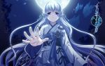  2008 aoi_shiro blue_eyes cloud hair_ribbon highres japanese_clothes kimono long_hair moon moonlight nami_(aoi_shiro) night official_art outstretched_hand ribbon solo title_drop wallpaper white_hair yasaka_minato 