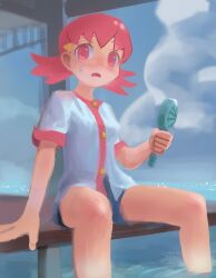  1girl arm_support blue_shorts braindead_(html6) buttons clouds commentary_request day hair_ornament hairclip handheld_electric_fan highres jacket open_mouth pier pink_eyes pink_hair pokemon pokemon_hgss short_sleeves shorts sitting sky soaking_feet solo sweat water white_jacket whitney_(pokemon) 